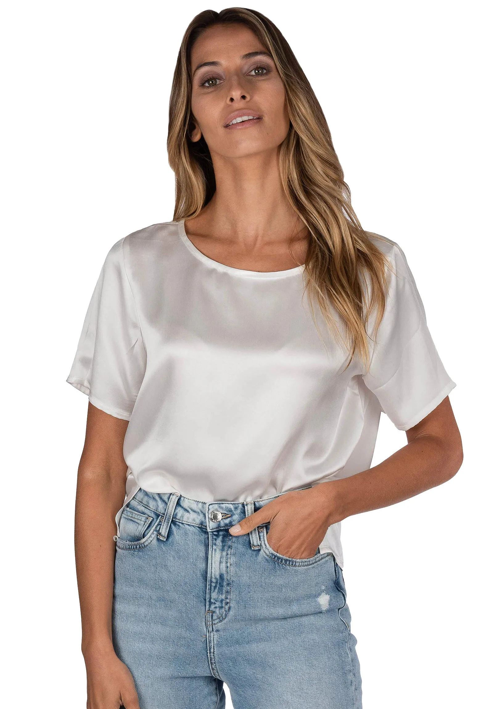 Teena-Satin White 100% Silk T-Shirt