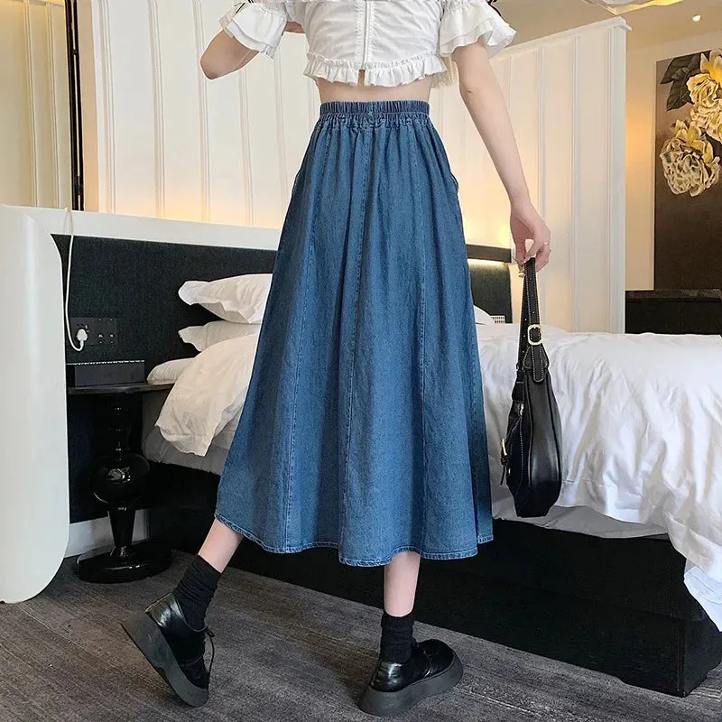 TFETTERS Denim Skirt Women 2024 Spring and Summer Casual Pocket Pleated Skirt Stitching Women Jean Skirt