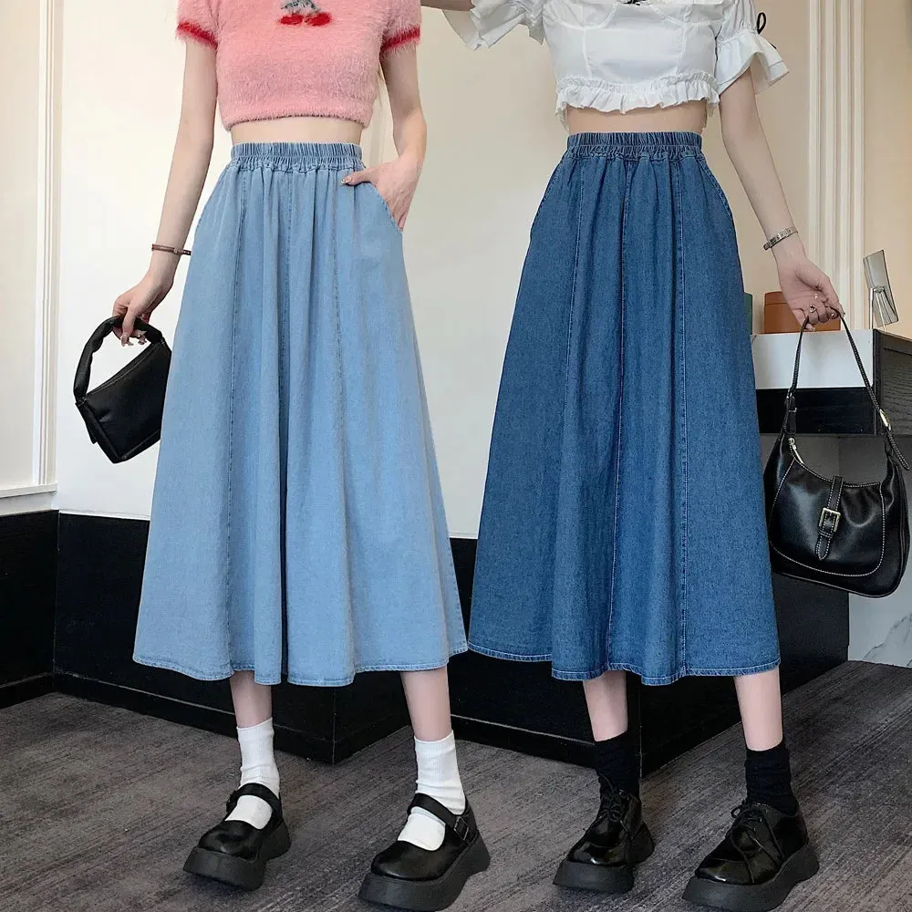 TFETTERS Denim Skirt Women 2024 Spring and Summer Casual Pocket Pleated Skirt Stitching Women Jean Skirt