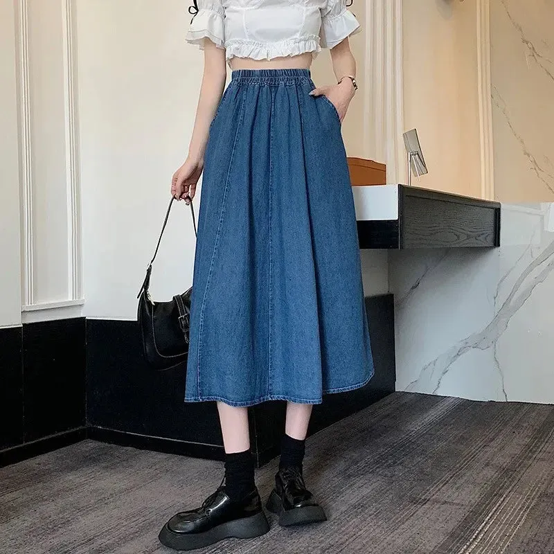 TFETTERS Denim Skirt Women 2024 Spring and Summer Casual Pocket Pleated Skirt Stitching Women Jean Skirt