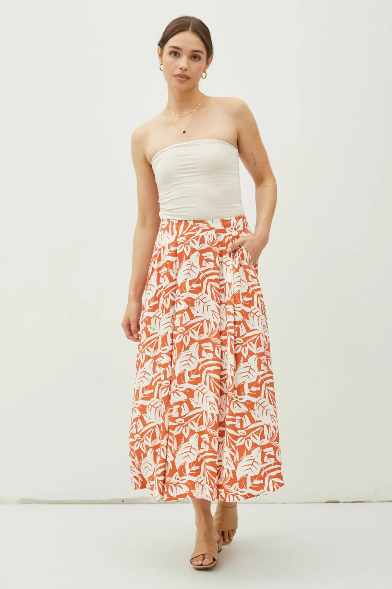 TROPICAL PRINT HIGH RISE PINTUCKED MIDI SKIRT