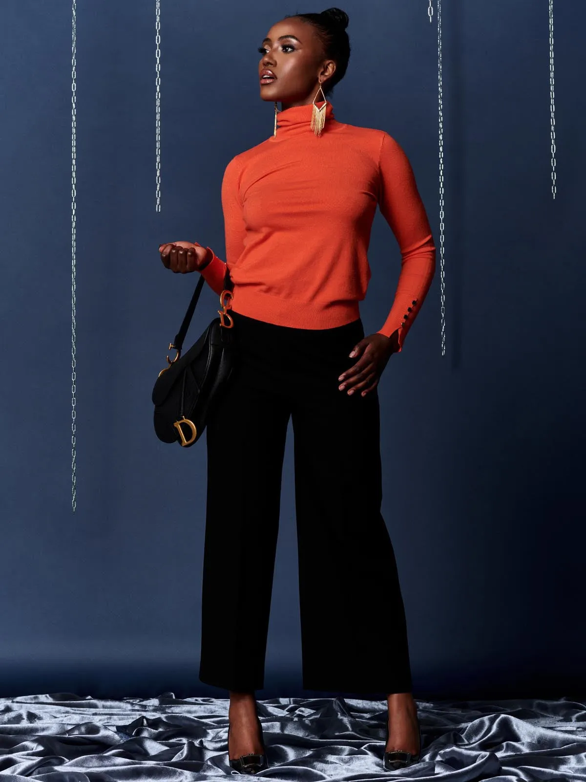 Turtleneck Fine Knit Fittted Jumper, Orange