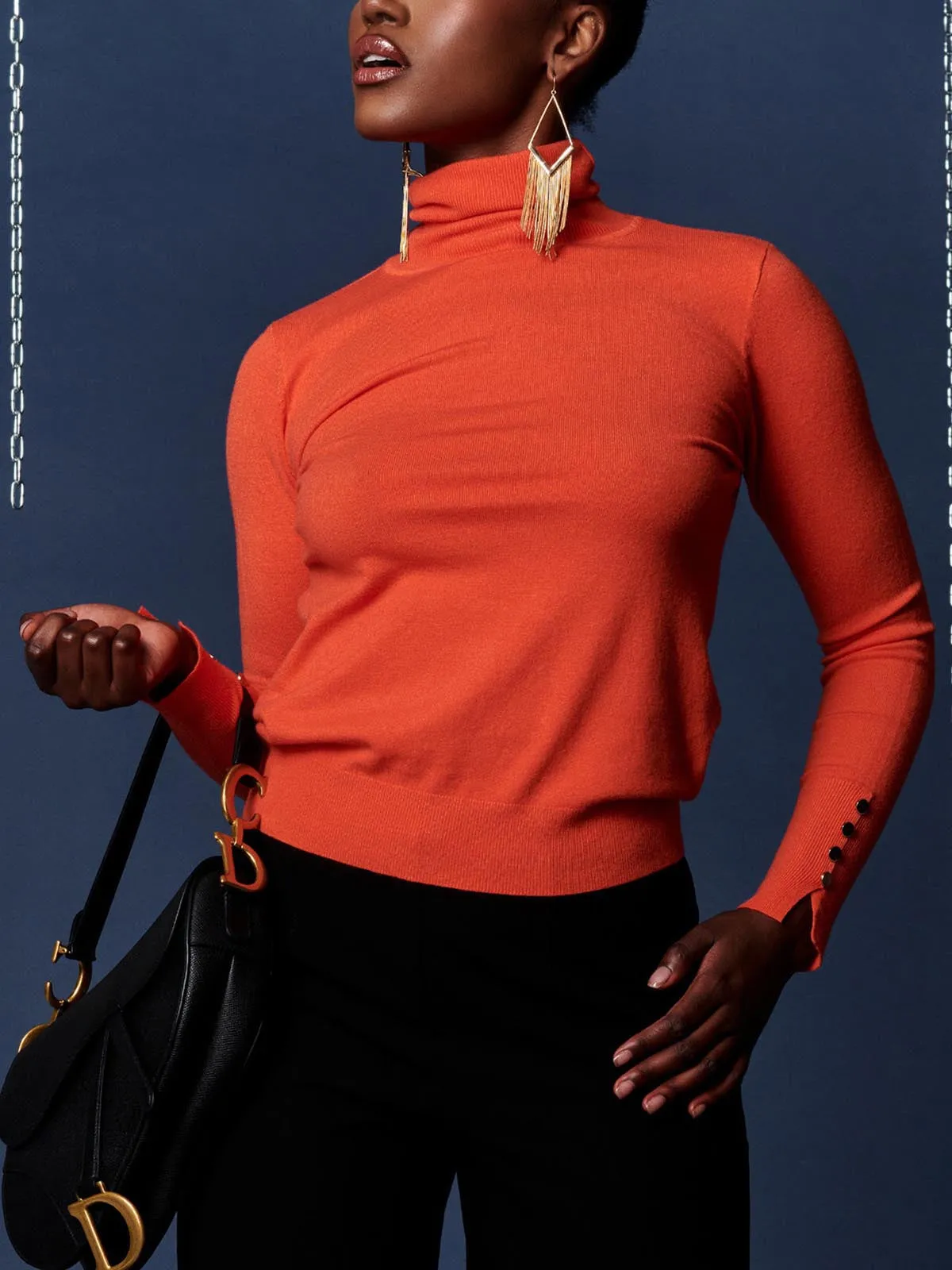 Turtleneck Fine Knit Fittted Jumper, Orange