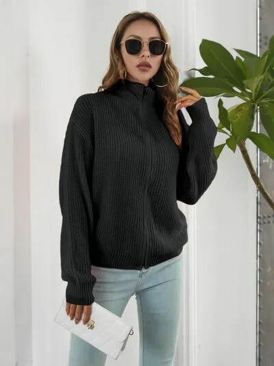 Turtleneck Zip Up Long Sleeve Knit Top