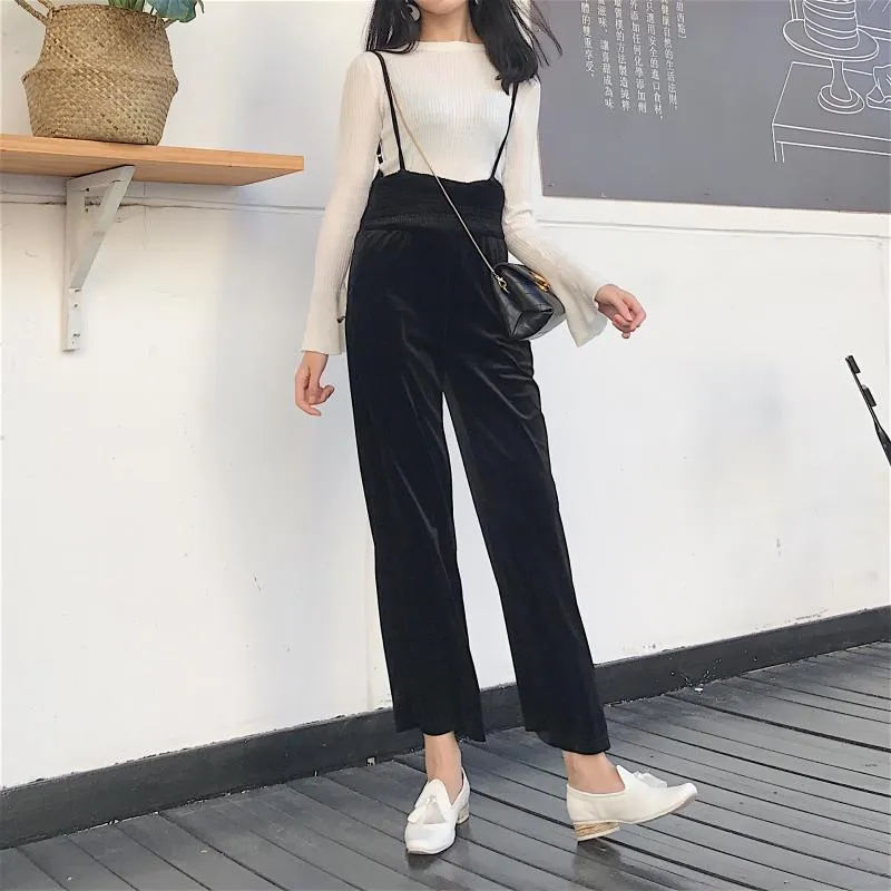 Velvet Shiny Long Jumpsuit Strappy Volume Pants