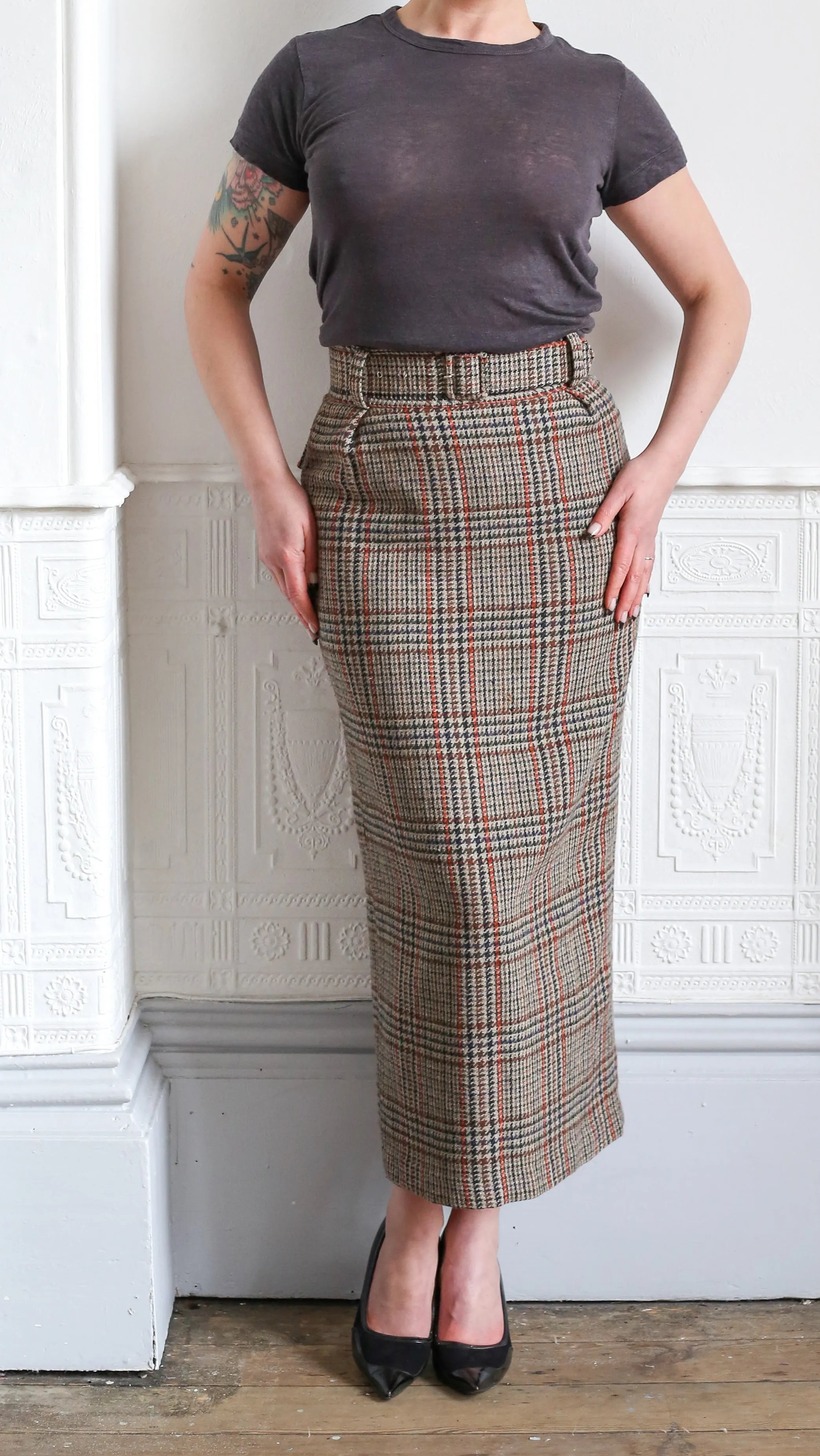 Vintage 1940s Style Tweed Long Midi Pencil Skirt