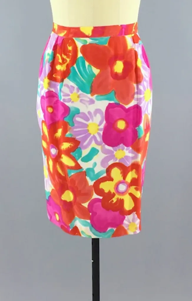 Vintage 1980s Silk Floral Print Pencil Skirt