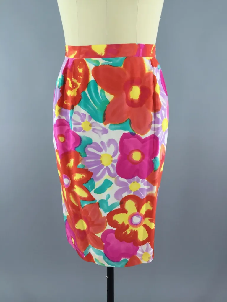 Vintage 1980s Silk Floral Print Pencil Skirt