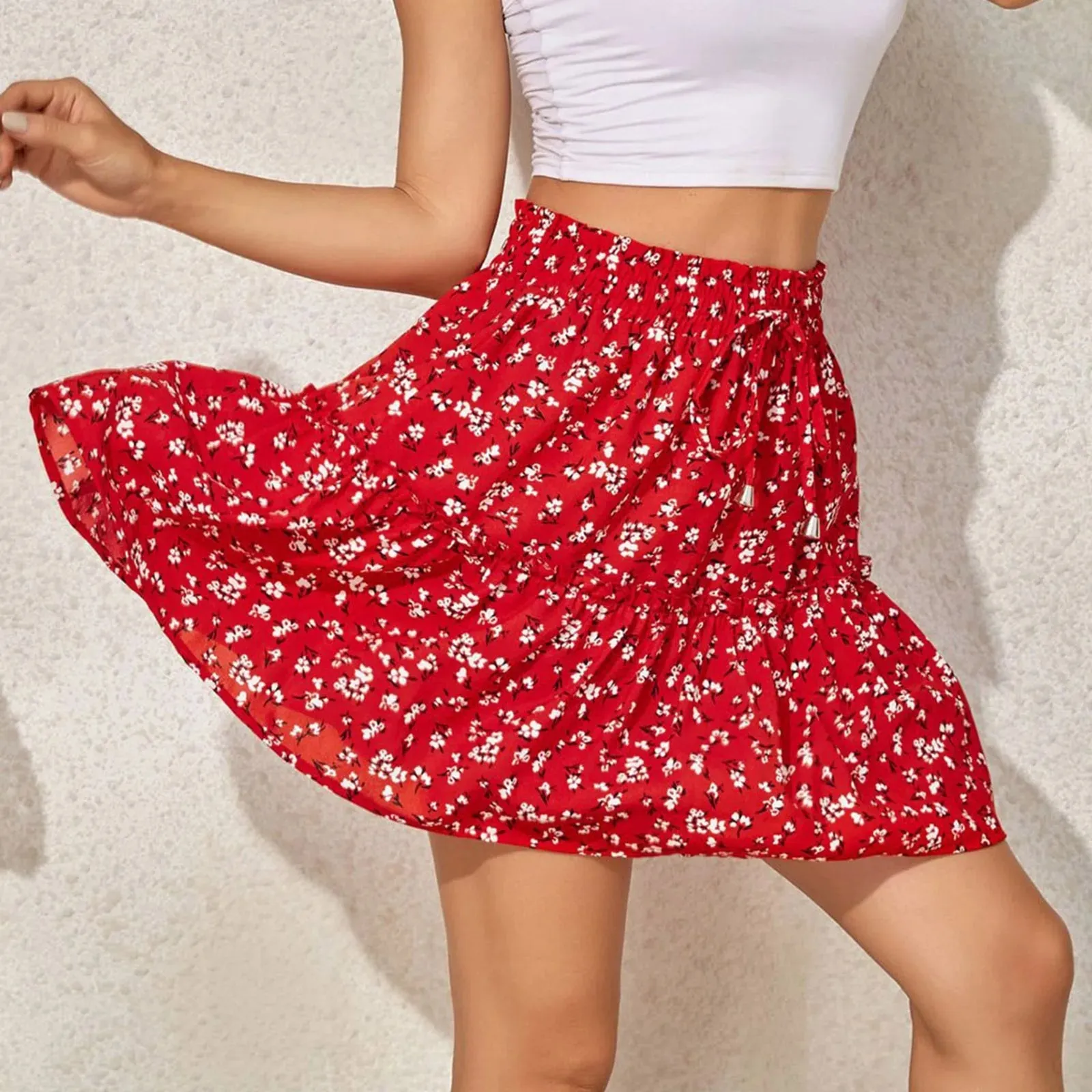 Vintage Floral Print High Waist Ruffle Skirt Casual Swing Bohemian Beach Pleated Mini Summer Skirt