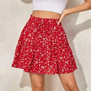 Vintage Floral Print High Waist Ruffle Skirt Casual Swing Bohemian Beach Pleated Mini Summer Skirt