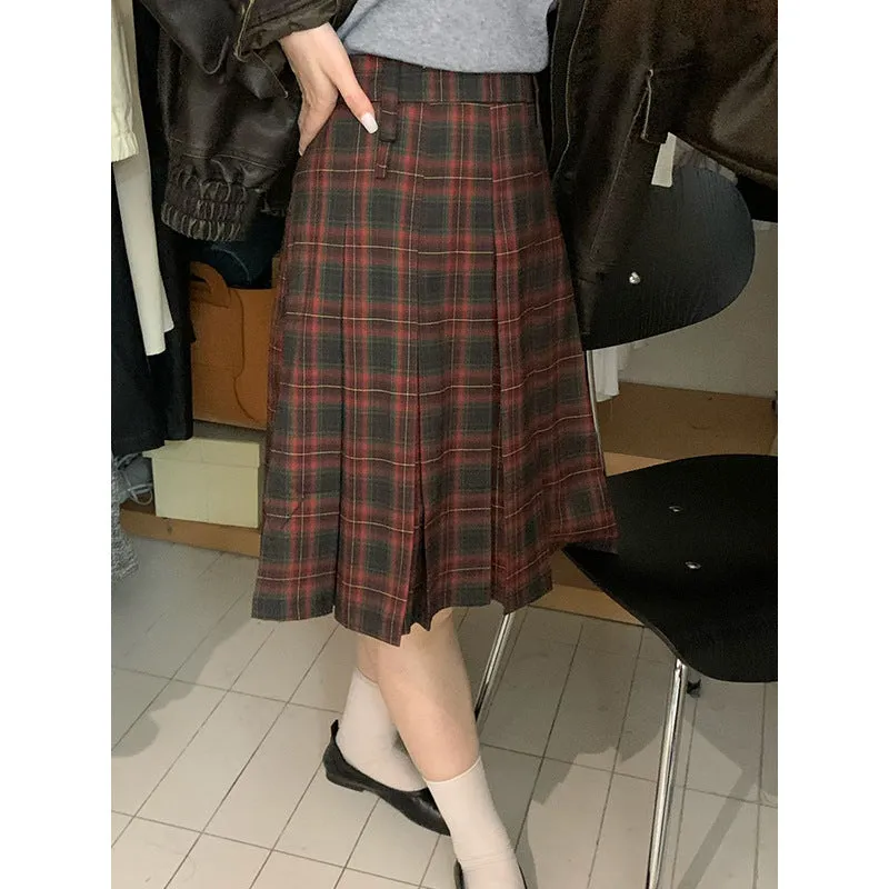 Wenkouban 2000s fashion 2024 Autumn and Winter Retro Plaid Skirt Temperament Midi Skirt A- line Pleated Skirt