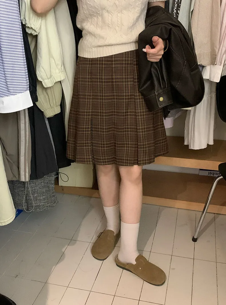 Wenkouban 2000s fashion 2024 Autumn and Winter Retro Plaid Skirt Temperament Midi Skirt A- line Pleated Skirt