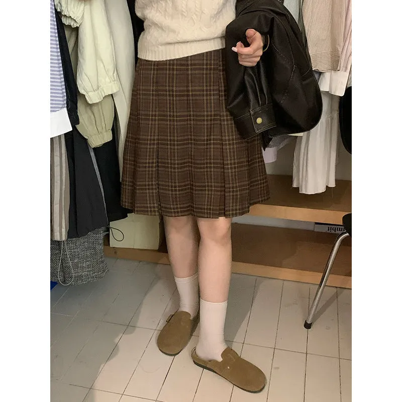 Wenkouban 2000s fashion 2024 Autumn and Winter Retro Plaid Skirt Temperament Midi Skirt A- line Pleated Skirt