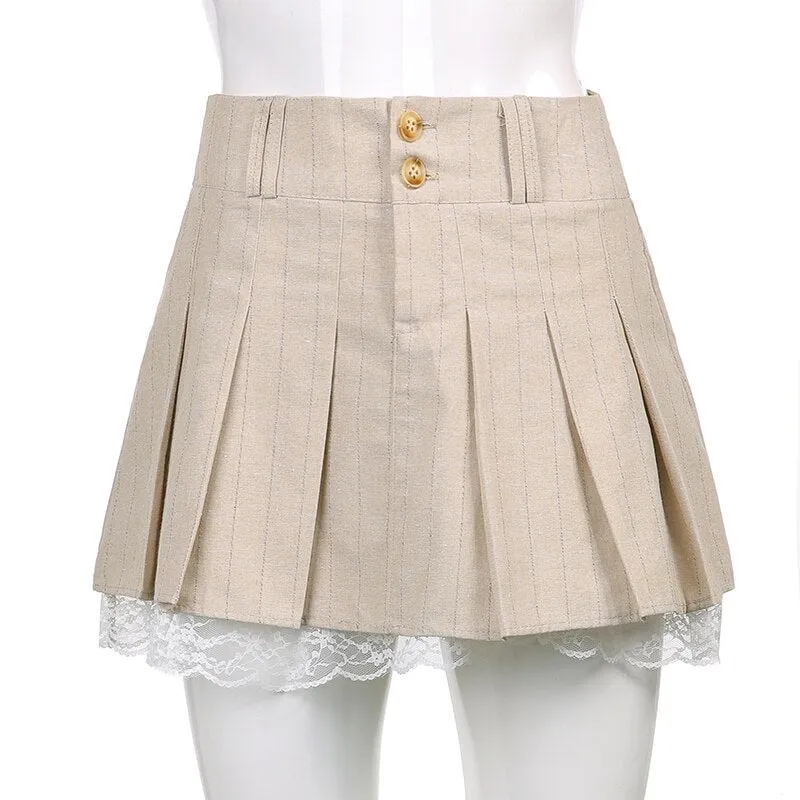 Wenkouban Pleated Mini Skirt Women Summer Short Lace Trim Skirts Female Preppy Style Khaki High Waist Skirt Girl School Uniform Miniskirt