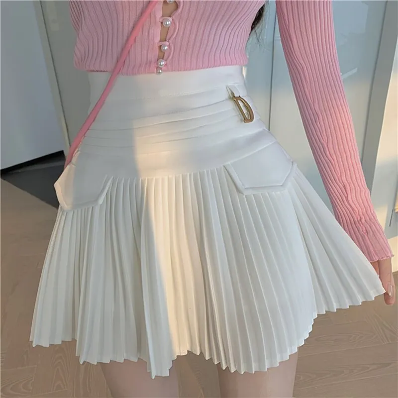 Wenkouban Pleated Mini Skirt Women Summer Short Lace Trim Skirts Female Preppy Style Khaki High Waist Skirt Girl School Uniform Miniskirt