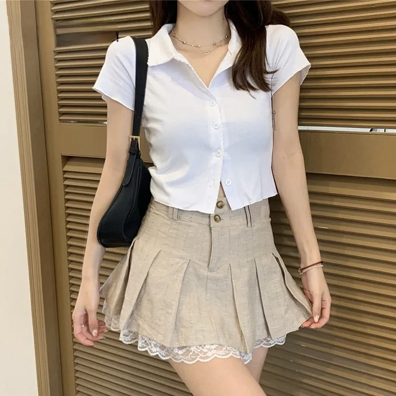 Wenkouban Pleated Mini Skirt Women Summer Short Lace Trim Skirts Female Preppy Style Khaki High Waist Skirt Girl School Uniform Miniskirt