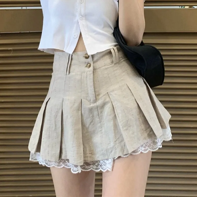 Wenkouban Pleated Mini Skirt Women Summer Short Lace Trim Skirts Female Preppy Style Khaki High Waist Skirt Girl School Uniform Miniskirt