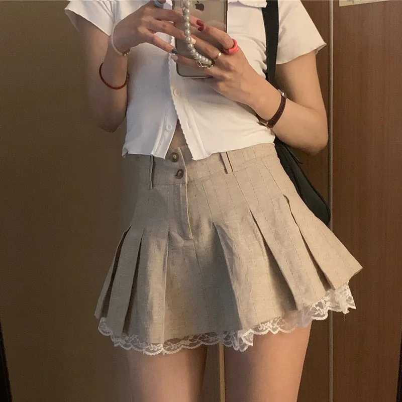 Wenkouban Pleated Mini Skirt Women Summer Short Lace Trim Skirts Female Preppy Style Khaki High Waist Skirt Girl School Uniform Miniskirt