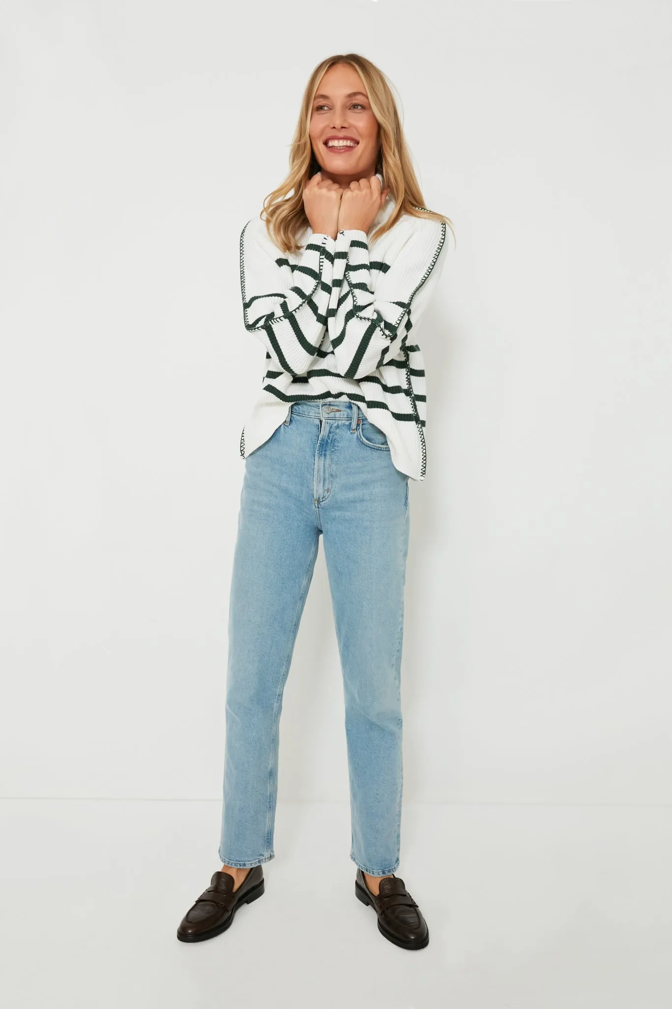 White & Forest Green Striped Emsley Turtleneck