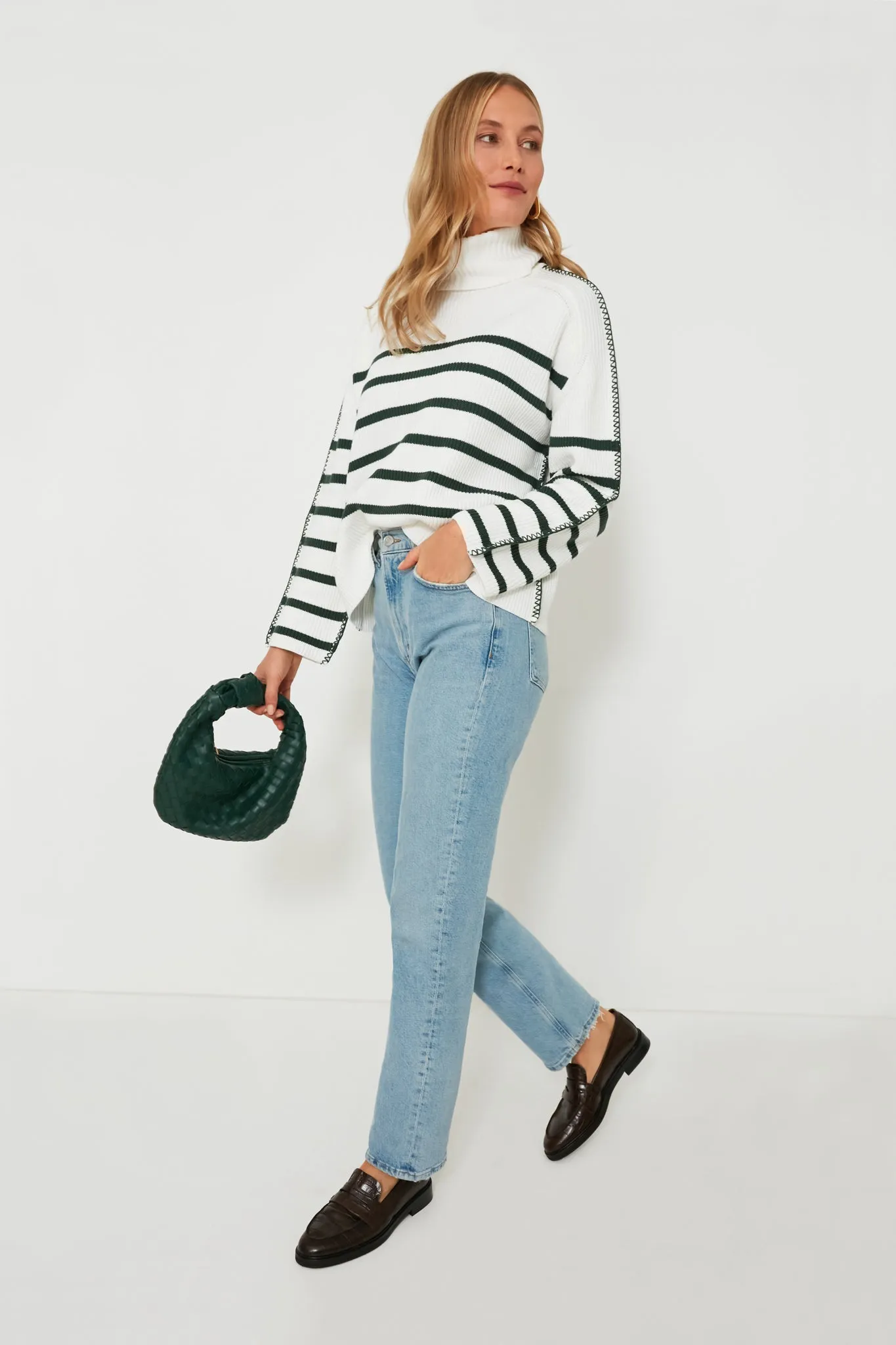 White & Forest Green Striped Emsley Turtleneck