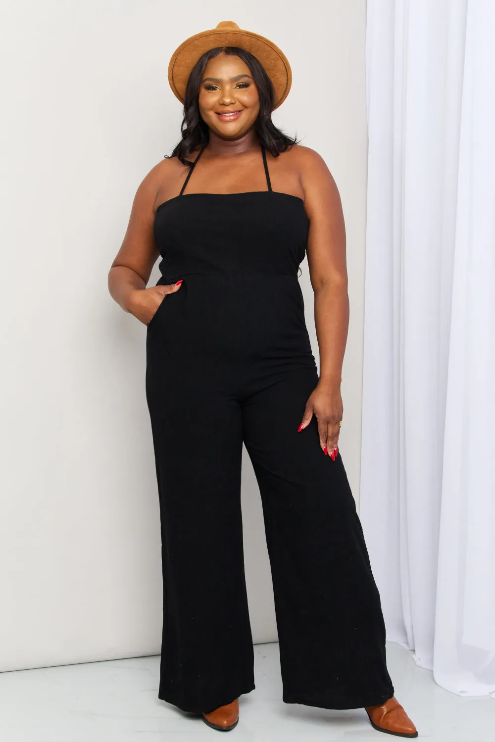 White Birch Full Size Halter Neck Wide Leg Jumpsuit with Pockets