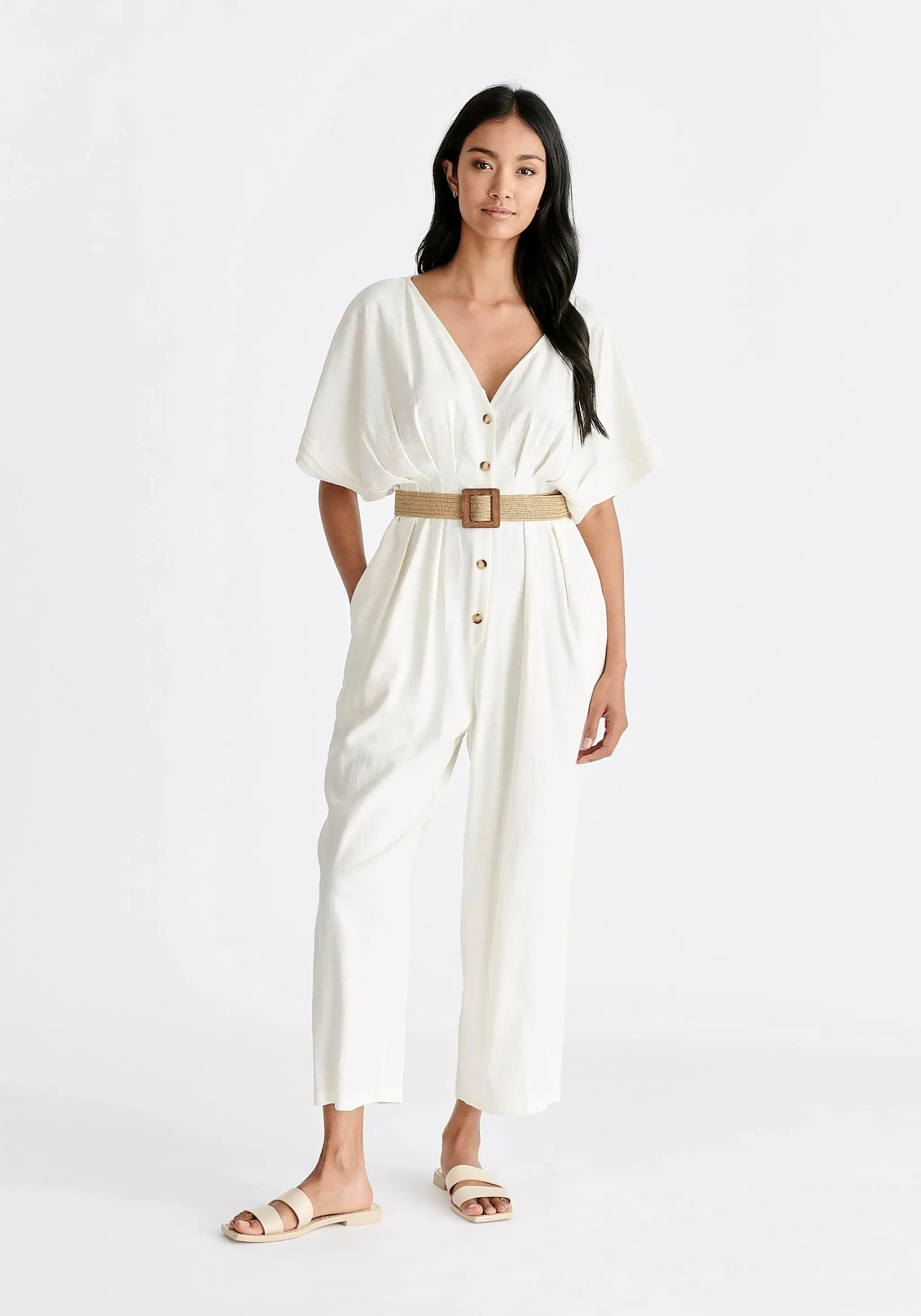 White Linen Blend Button Jumpsuit