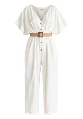 White Linen Blend Button Jumpsuit