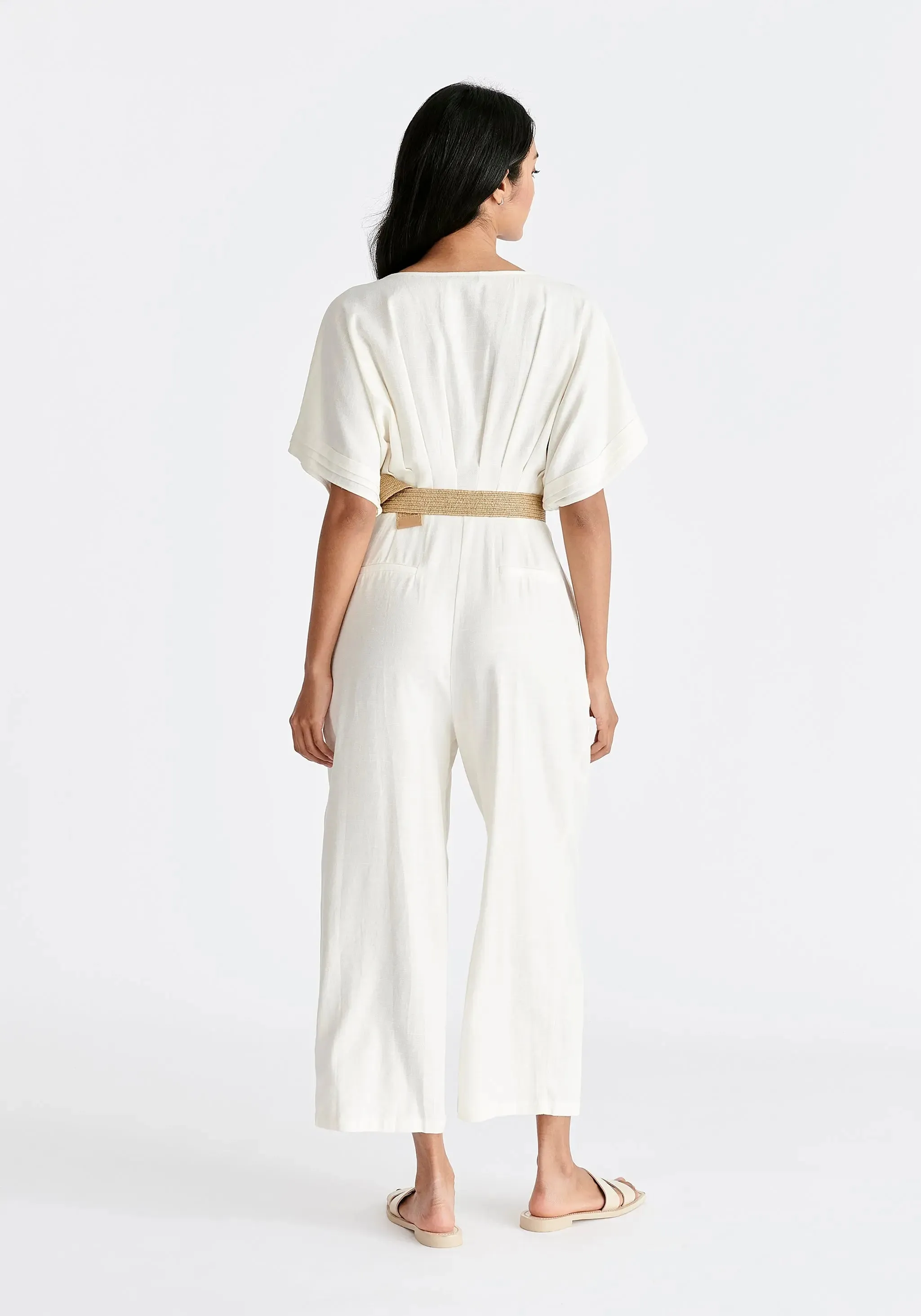 White Linen Blend Button Jumpsuit