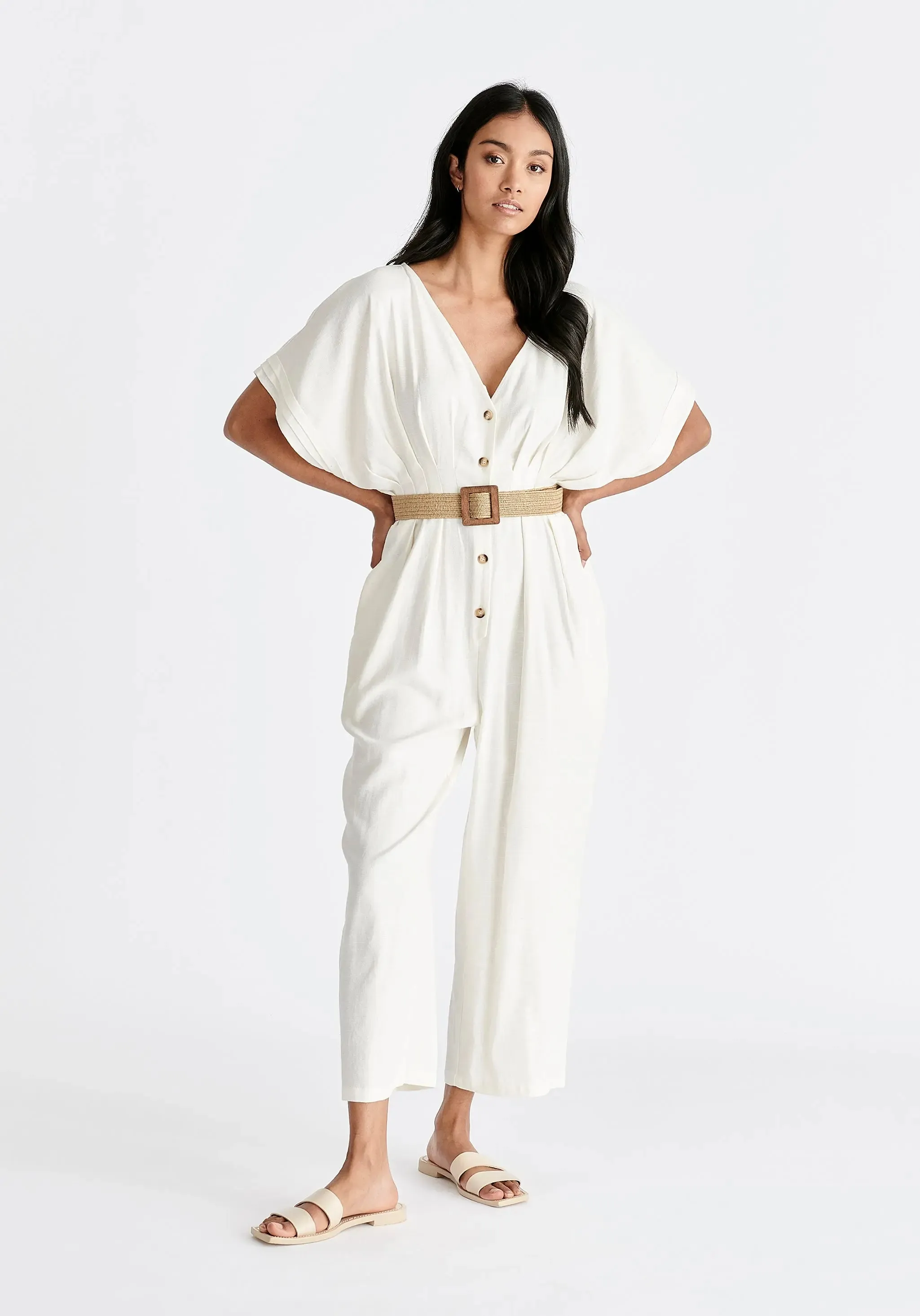 White Linen Blend Button Jumpsuit