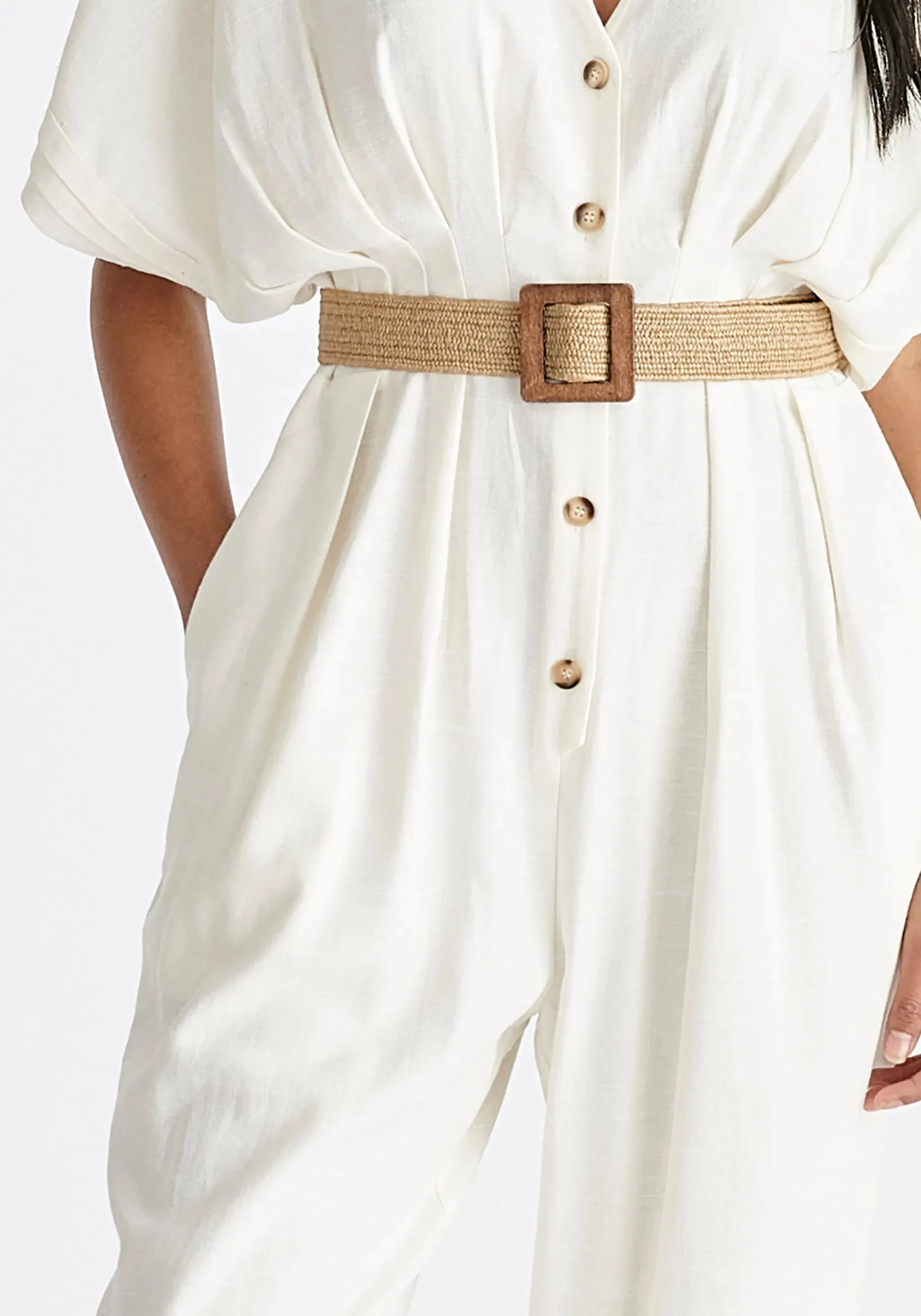 White Linen Blend Button Jumpsuit