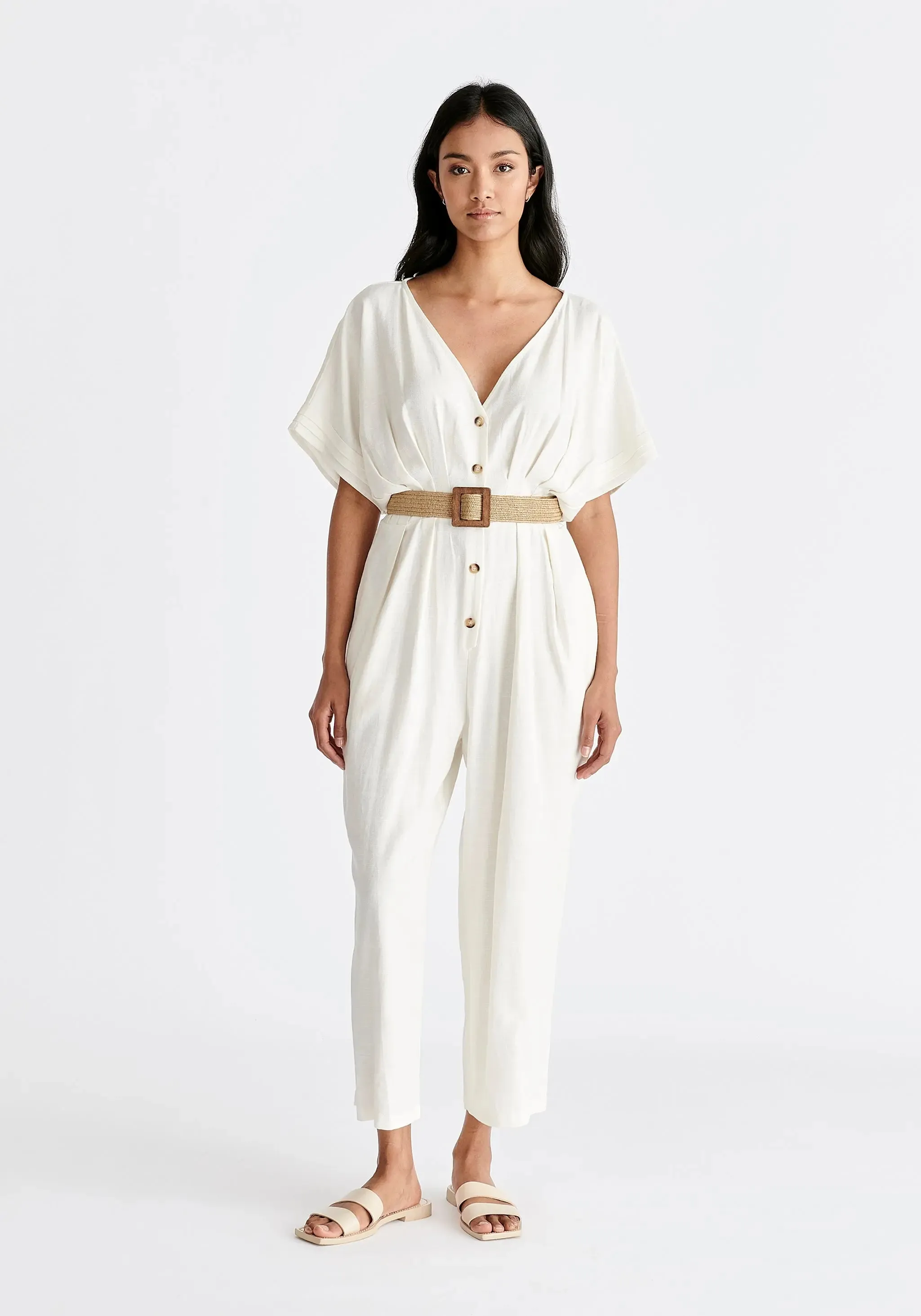 White Linen Blend Button Jumpsuit