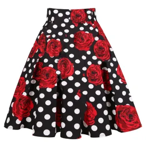 Women High Waist A-line Knee-Length Skirt 50s 2021 Spring Summer Korea Fashion Rose Red Polka Dot Print Swing Skirts Plus Size