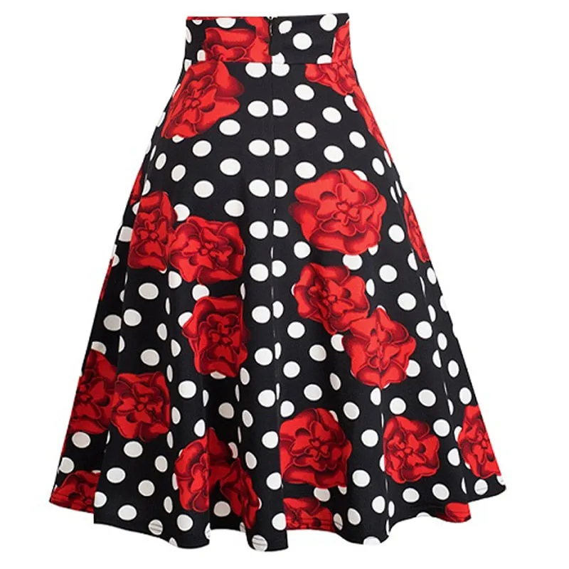 Women High Waist A-line Knee-Length Skirt 50s 2021 Spring Summer Korea Fashion Rose Red Polka Dot Print Swing Skirts Plus Size