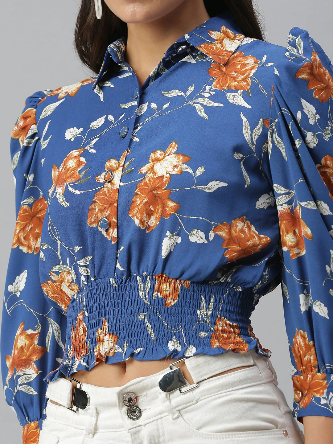 Women Shirt Collar Printed Blue Cinched Waist Top