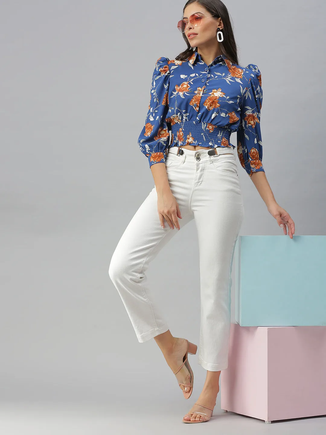 Women Shirt Collar Printed Blue Cinched Waist Top