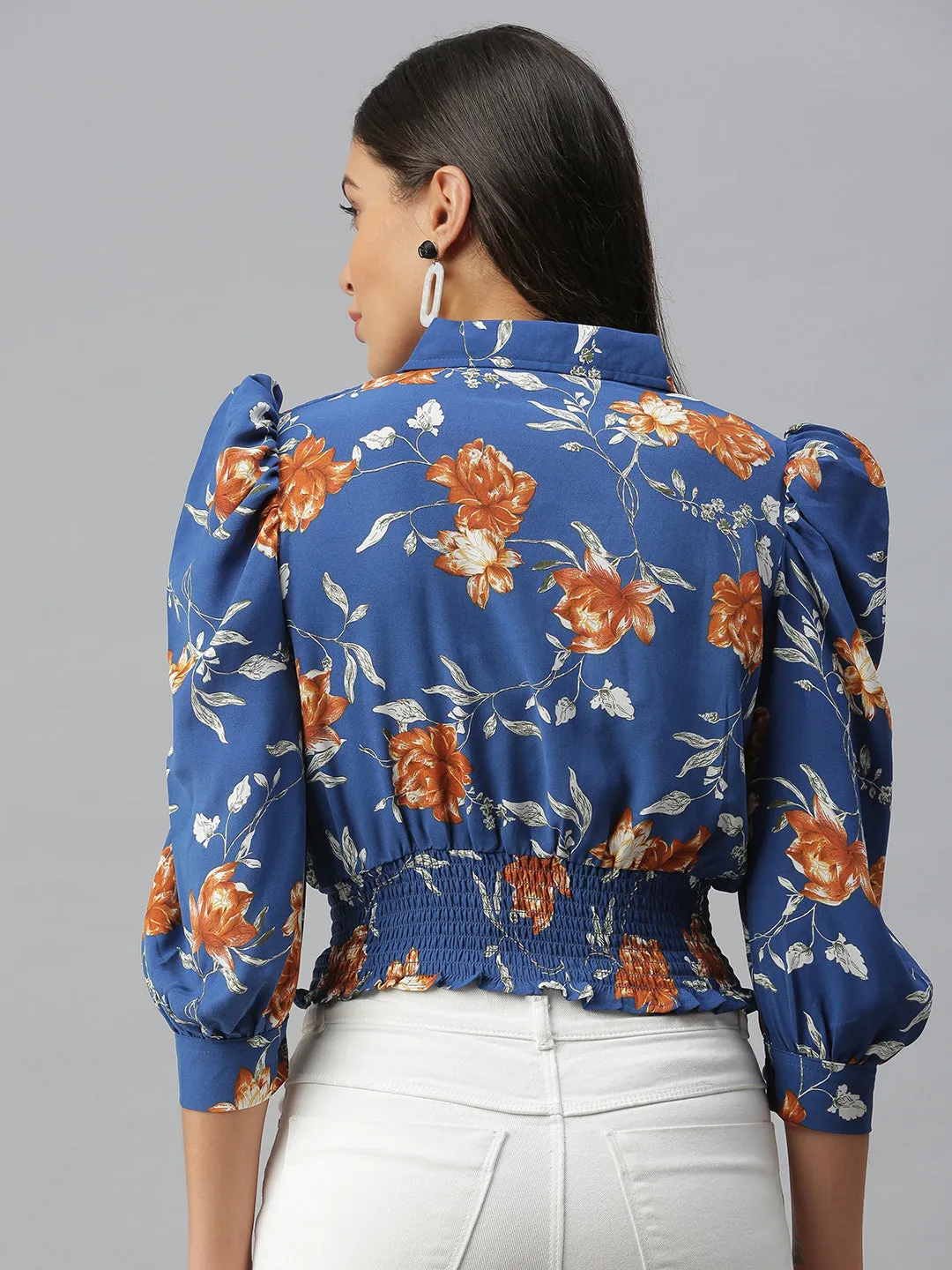 Women Shirt Collar Printed Blue Cinched Waist Top