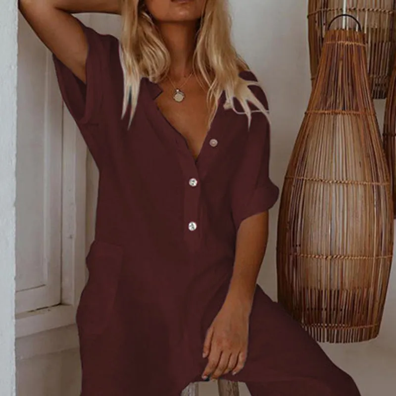 Women Summer V-Neck Short Sleeve Jumpsuit with Pockets