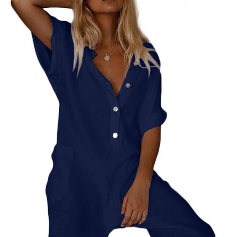 Women Summer V-Neck Short Sleeve Jumpsuit with Pockets