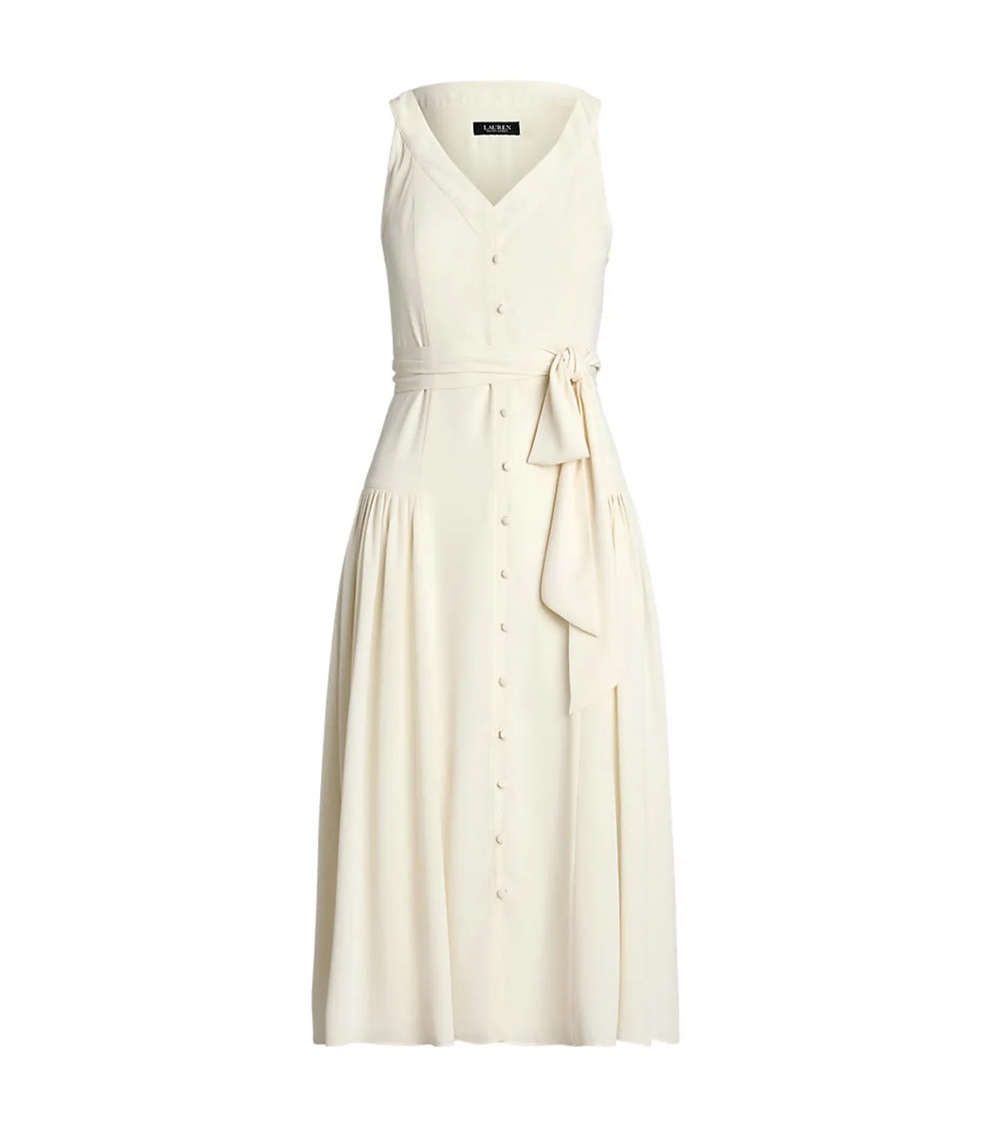 Women's Belted Georgette Sleeveless Dress Mascarpone Cream