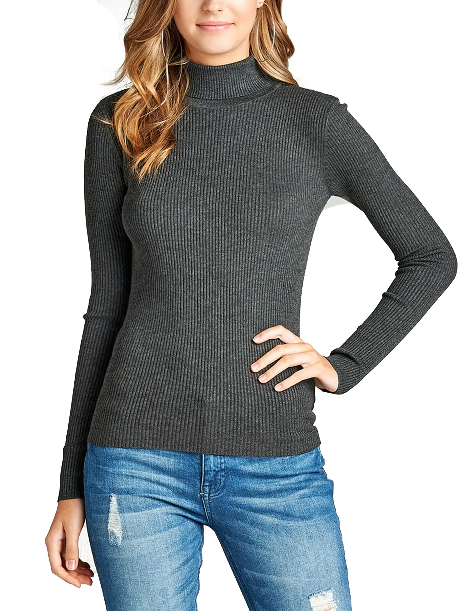 Womens Long Sleeve Fitted Turtle Neck Ribbed Sweater Top