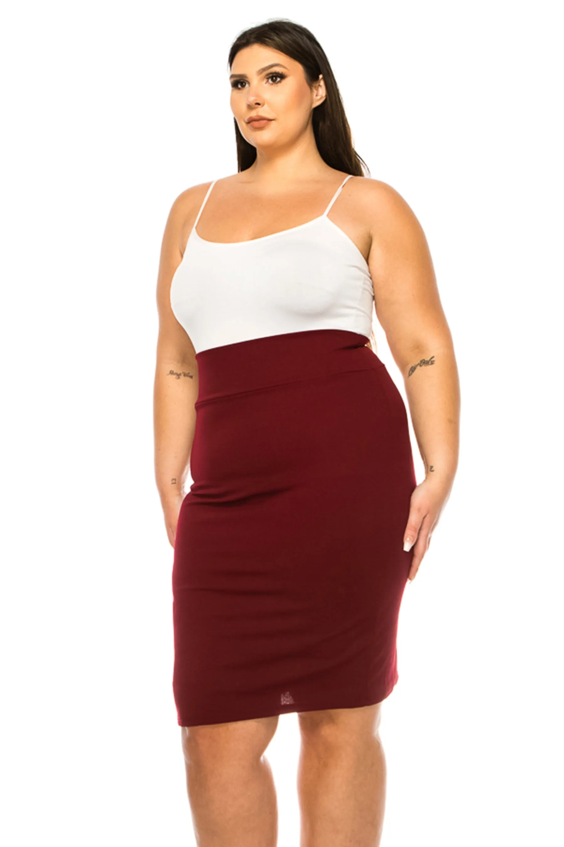 Women's Plus Size Solid Pencil Skirt with Banded Waist - Stretchy