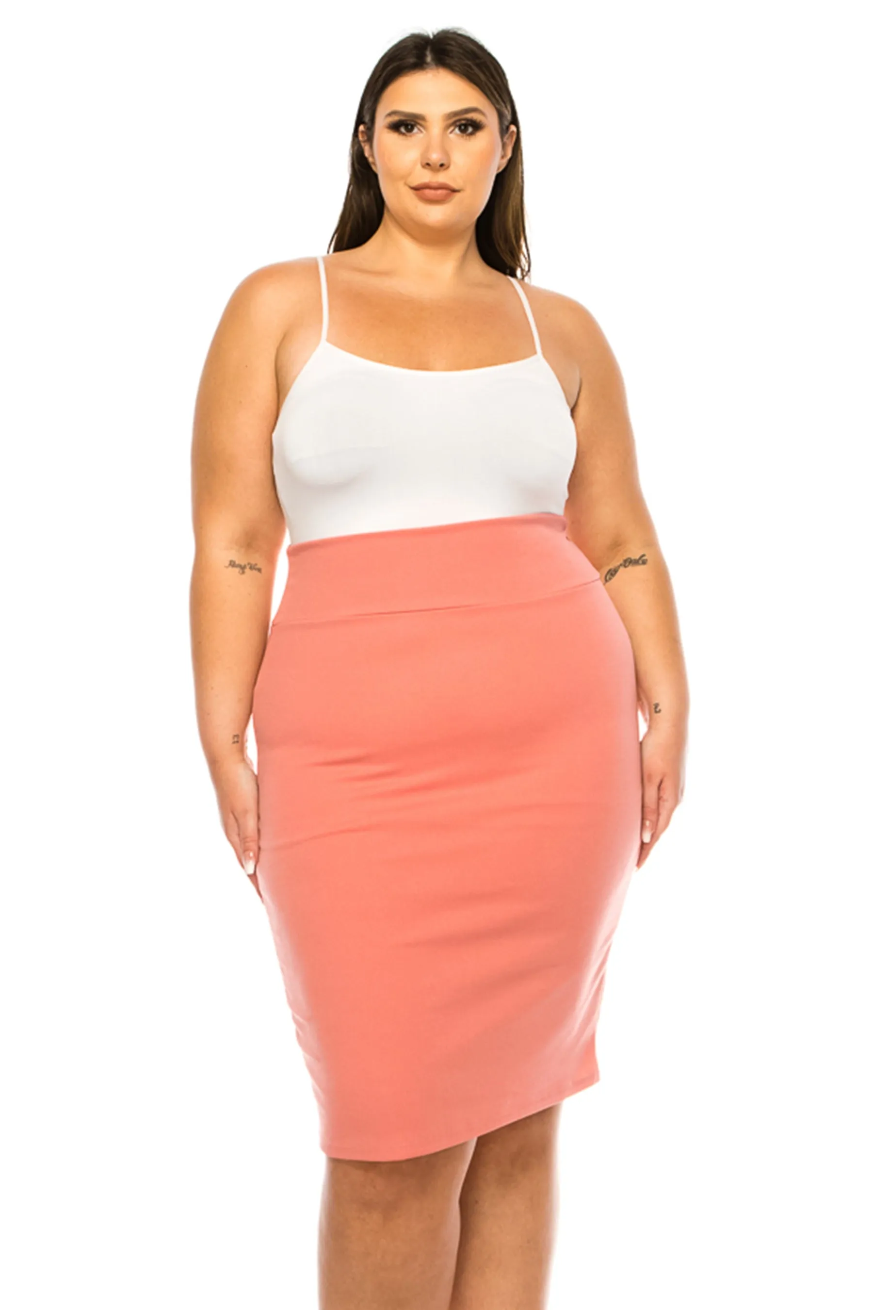 Women's Plus Size Solid Pencil Skirt with Banded Waist - Stretchy