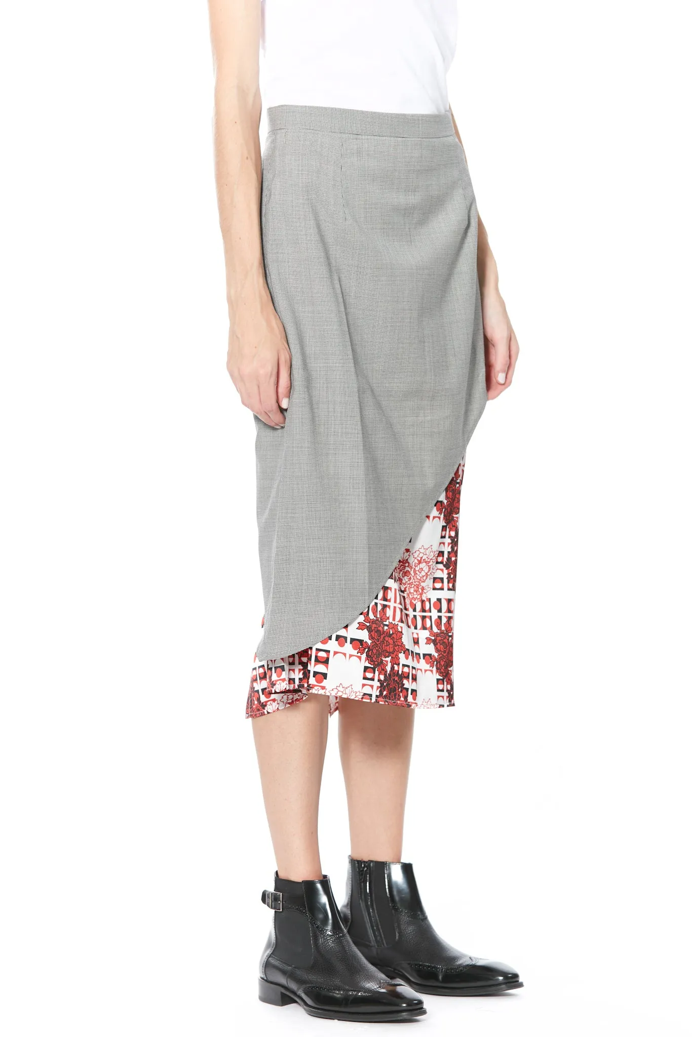 Wool and Print Silk Lining Midi Skirt