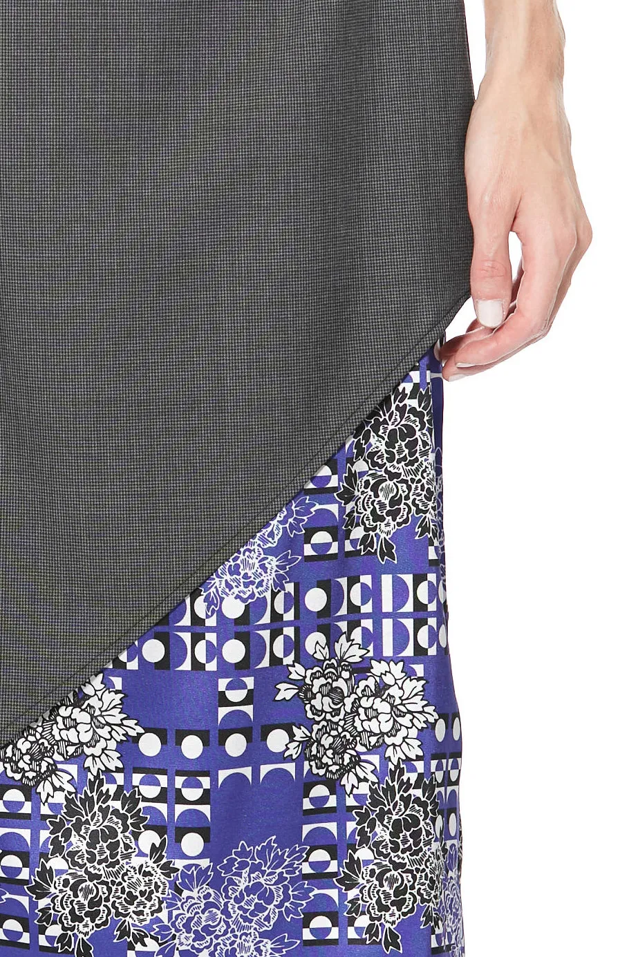 Wool and Silk Printed Blue Asymmetric Midi Skirt